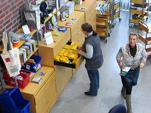 Die Rasenden Kinder Kultur Reporter in Stadtbibliothek/ Eine Frau sortiert CDs nach Zahlen.